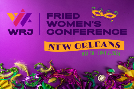 Fried Women's Conference May 30-June2 with a purple Mardi gras mask and beads background